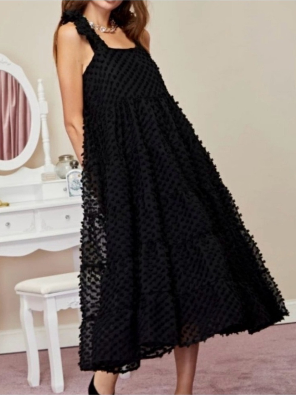 Sister Jane Black Textured Pom-Pom Midi Sundress